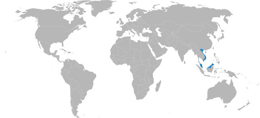 Vietnam, Malaysia countries isolated on world map. Maps and Backgrounds.