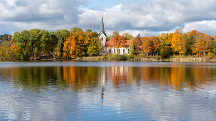 Autumn Landscape of Koknese Evangelical Lutheran Church and River Daugava Located in Koknese Latvia.