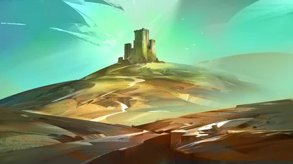 Zelfklevend Fotobehang painted color landscape with castle on the hill © khius