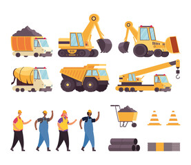 Obraz na płótnie Canvas bundle of construction vehicles and tools with workers