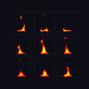 Sprite Sheets Flame animation. Fire sprites sheet for torch, campfire, games, cartoon or animation and motion design. Vector fire effect illustration.