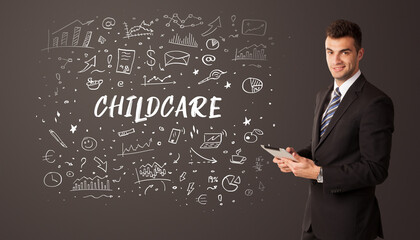 Businessman thinking with CHILDCARE inscription, business education concept