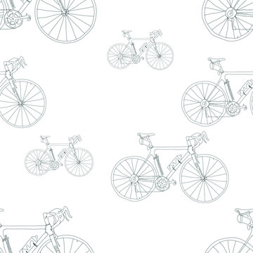 seamless pattern with bike. black and white drawing. wheels, steering wheel. for the design of fabric, baby clothes, wrapping paper. sporting goods. doodle, sketch. pencil drawing. vector eps 10