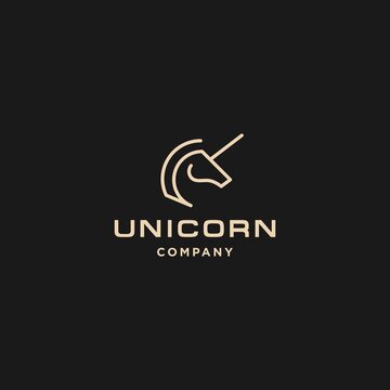 simple line horse unicorn Pegasus with horn logo design icon Vector in luxury gold color 