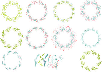 Beautiful set of hand-drawn wreath of green-yellow-red pastel colored floral on white background