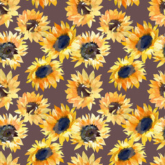 Fototapeta na wymiar Seamless pattern with yellow sunflowers on brown background for fabric, wrapping paper, wallpaper. Hand drawn watercolor illustration