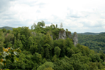 Fototapeta na wymiar Rocks in the green forest photographed in Germany