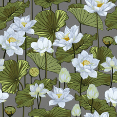 Panele Szklane  Bezszwowe białe kwiaty lotosu i pąki z zielonymi liśćmi na tle retro dla tkanin i wzorów dekoracyjnych