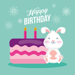 happy birthday card with rabbit and cake scene