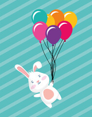 Obraz na płótnie Canvas happy birthday card with rabbit floating in balloons helium scene