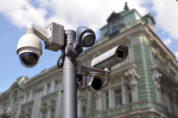 multidirectional CCTV camera installed on a city street.