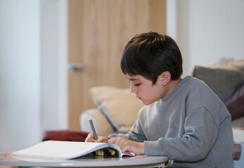 Portrait of school kid boy siting on table doing homework, Child holding pencil writing, A boy drawing on white paper on table, Elementary school and homeschooling concept