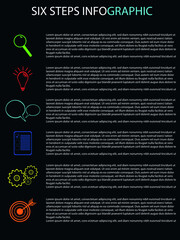 Simple six step infographic diagram. Workflow template. Information vector concept. Work process symbols. Infographic template with pictograms.