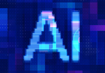 Artificial intelligence icon AI technology blue background. Abstract digital machine learning with digital future design concept.