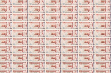 100 Guatemalan quetzales bills printed in money production conveyor. Collage of many bills. Concept...