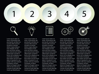 Five step infographic diagram. Workflow template. Information vector concept. Work process symbols.