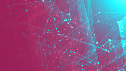 Abstract pink green polygon tech network with connect technology background. Abstract dots and lines texture background. 3d rendering.