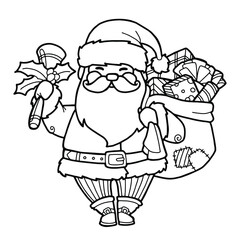 Vector illustration. Hand drawing cartoon character. Santa claus with gifts. Christmas illustration. Coloring page. Postcard Happy New Year and Merry Christmas.