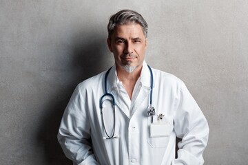 Portrait of trustworthy older confident doctor with gray hair wearing white lab coat standing against gray wall, smiling. Copy space. 