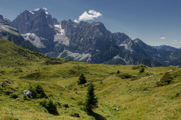 Central Brenta mountain group range as seen from Monte Spinale high plateau, above Madonna di Campiglio village, Brenta [Western] Dolomites, Rhaetian Alps, Trentino, Trento, Italy.