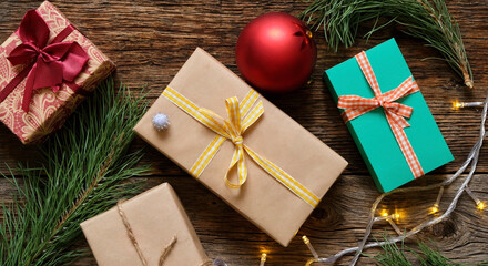 Christmas gifts, decorations and christmas  tree branches on a wooden background. Christmas...