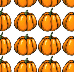 Orange halloween pumpkins on background as autumn halloween seamless pattern wallpaper bakground illustration                               