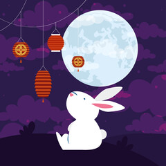 mid autumn festival poster with rabbit and lamps hanging