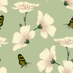 Seamless Floral Light Flax Flowers with cute Butterfly for Textile and Fabric Patterns