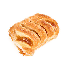 Fresh puff on the white background. Cookies from puff pastry with colored jam. Homemade baking. Dessert for tea. Croissant