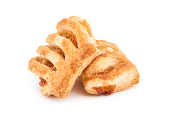 Fresh puff on the white background. Cookies from puff pastry with colored jam. Homemade baking. Dessert for tea. Croissant