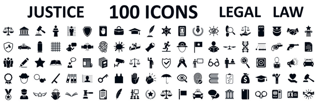 Legal, law and justice 100 icons set - stock vector