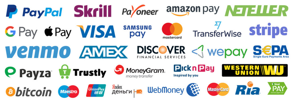 Kiev, Ukraine - September 05, 2020: Online payment methods icons set, company logos: Visa, Mastercard, Paypal, Bitcoin, Amazon Pay, Apple Pay... Isolated E-commerce payments. Editorial vector