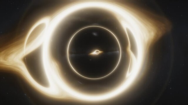 Animation of a wormhole next to a supermassive black hole with accretion disk. Space and time are deformed by strong gravity