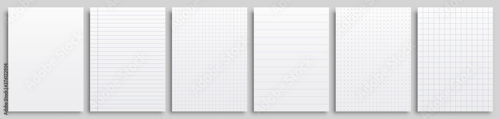 Poster Set realistic clean papers blank page notepad with lines isolated, dots and cells, six notepad blank mockup template copybook cover, realistic blank sheets - stock vector