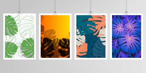 Obraz premium Realistic vector layouts of A4 mockup design templates for brochure, flyer, cover design, book, brochure, poster. Tropical palm leaves, shadow of tropical jungle leaves. Floral pattern backgrounds.