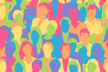 Rainbow people lgbt people crowd abstract seamless pattern. Repetitive rainbow coloured abstract vector illustration of portraits crowd. 