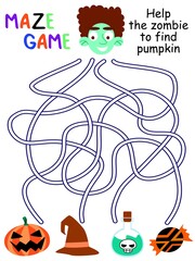 Halloween maze game stock vector illustration. Help the zombie to find pumpkin colorful printable vertical worksheet for kids. Funny educational halloween maze game with four tangled ways and zombie.