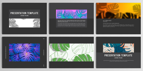 Fototapeta na wymiar Vector layouts of presentation design templates for brochure, cover design, flyer, book design, magazine, poster. Tropical palm leaves, shadow of tropical jungle leaves. Floral pattern backgrounds.
