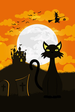 happy halloween card with black cat mascot and witch flying scene