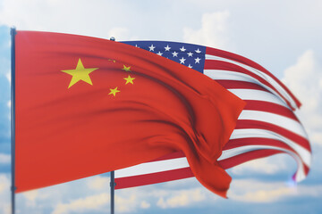 Waving American flag and flag of China. Closeup view, 3D illustration.