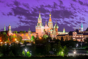 Moscow skyline with Cathedral of Vasily the Blessed (Saint Basil's Cathedral) and Spasskaya Tower of Moscow Kremlin on Red Square at sunset, Russia