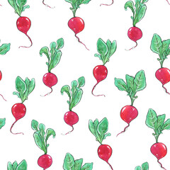 Vegetables is a collection of high-quality hand-drawn watercolor and line art seamless patterns with radish.