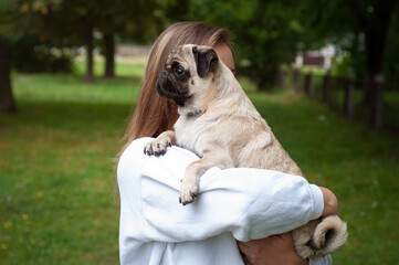 Lifestyle woman holding pug dog and smiling. Loving dog in his owner's arms in the park. Concept of...