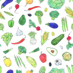 Vegetables is a collection of high-quality hand-drawn watercolor and line art seamless patterns.