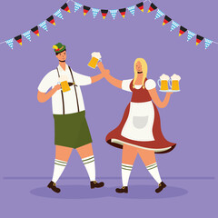 german couple wearing tyrolean suit drinking beers characters