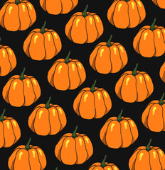 Orange halloween pumpkins on black background as autumn halloween  pattern wallpaper bakground illustration    
