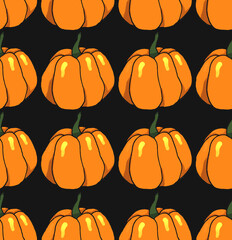 Orange halloween pumpkins on black background as autumn halloween seamless pattern wallpaper bakground illustration    