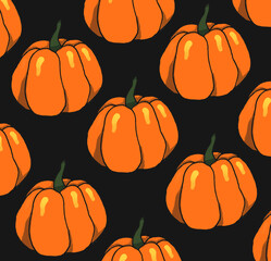 Orange halloween pumpkins on black background as autumn halloween  pattern wallpaper bakground illustration    