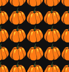 Orange halloween pumpkins on black background as autumn halloween seamless pattern wallpaper bakground illustration    