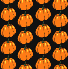 Orange halloween pumpkins on black background as autumn halloween  pattern wallpaper bakground illustration    